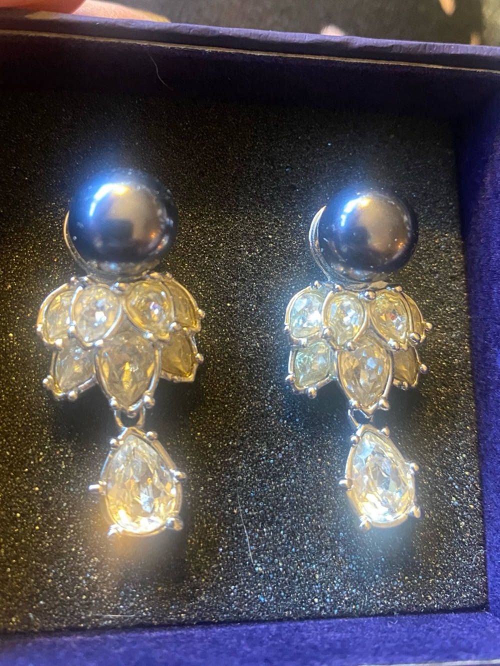 Vintage Elizabeth Taylor Midnight Romance Faux Black Pearl and crystal earrings